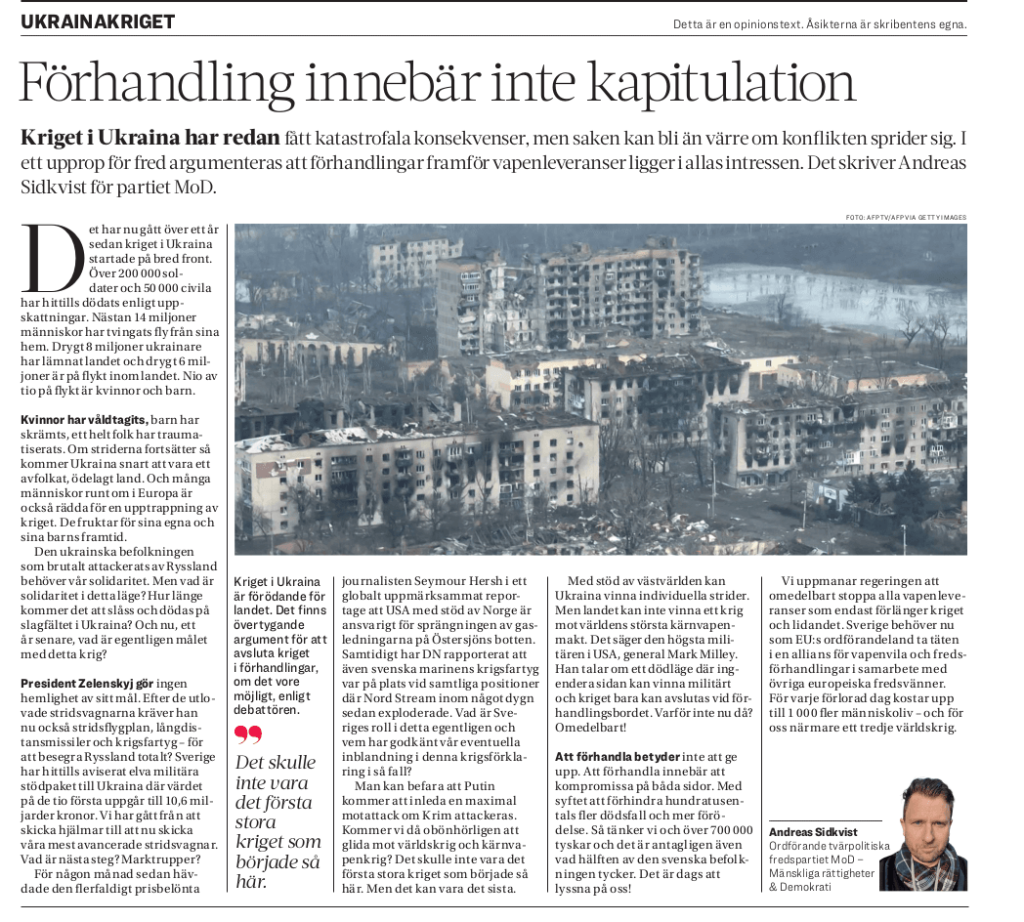 Förhandling innebär inte kapitulation | MoDs partiledare i en debattartikel i Epoch Times 3 Debattartikel i epochtimes om fredsupproept