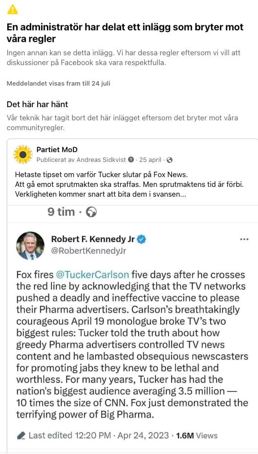 Partiet MoDs Facebooksida censureras öppet av Facebook och vi tillåts inte annonsera inför EU-valet 10 fb censur 8