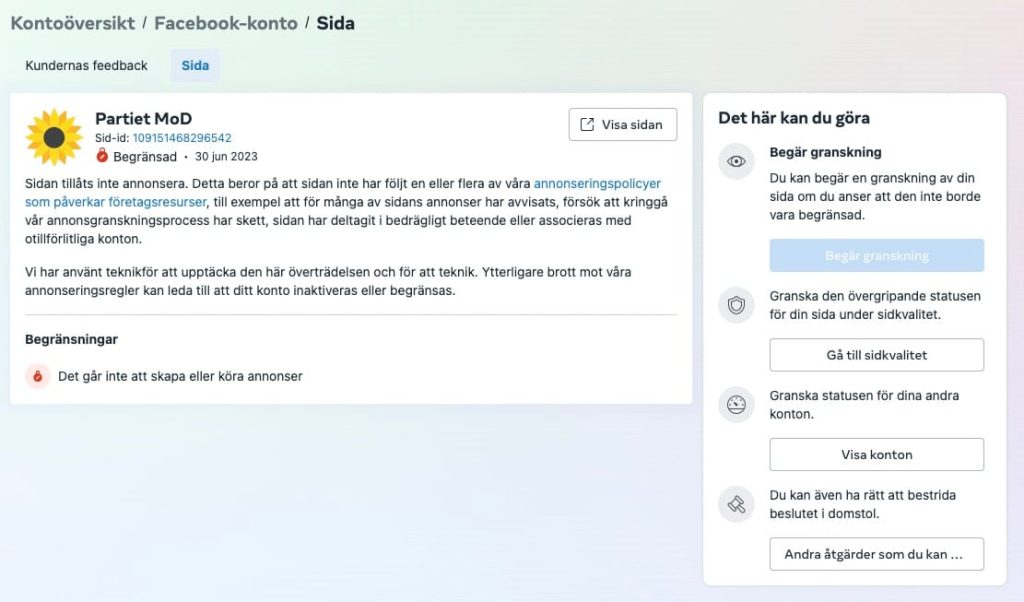 Partiet MoDs Facebooksida censureras öppet av Facebook och vi tillåts inte annonsera inför EU-valet 3 mods facebooksida blockerat for annonsering