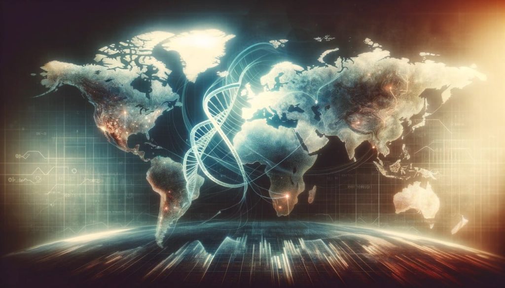 A conceptual image depicting a world map with dna strands intertwining across continents, symbolic of a global health agenda and the merging of humani stor