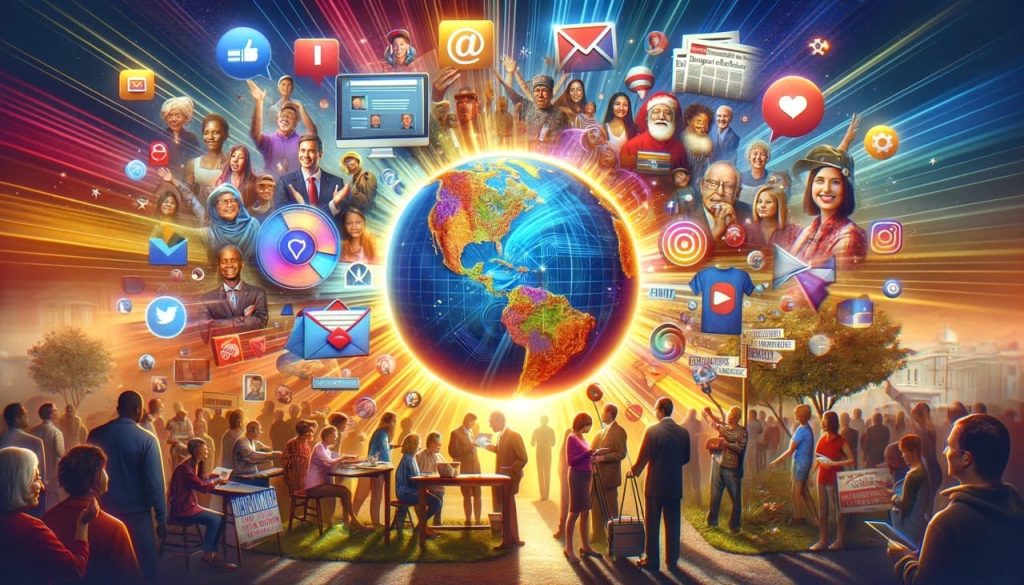 Hur kan MoD nå ut till 1,5 miljoner potentiella väljare innan EU-valet den 22 maj? 1 A vibrant and compelling digital collage illustrating a multifaceted political campaign strategy. the image features various elements representing dif stor