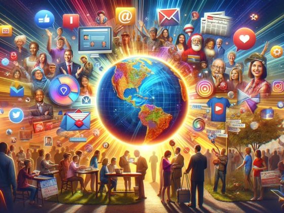 Hur kan MoD nå ut till 1,5 miljoner potentiella väljare innan EU-valet den 22 maj? 8 A vibrant and compelling digital collage illustrating a multifaceted political campaign strategy. the image features various elements representing dif stor