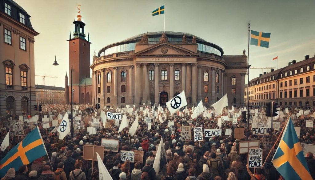 Dall·e 2024 09 06 10.42.30 a peaceful protest scene in front of the swedish parliament, with people holding white flags symbolizing peace. banners and signs advocating for peace stor