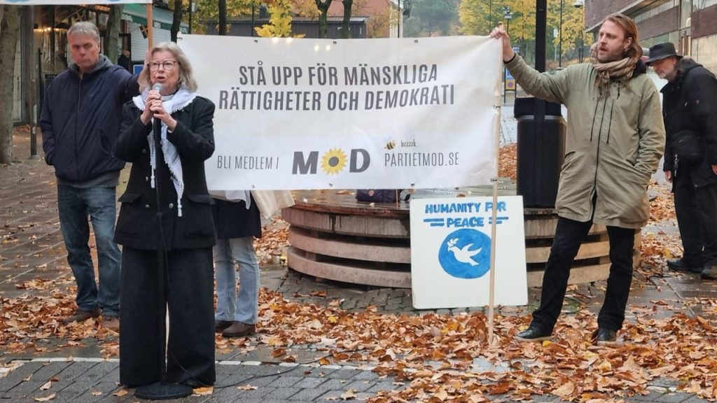 För ett fredligare Sverige – dags att välja MoD! - Andreas Sidkvist tal i Södertälje, 27 okt 2024 7 2024 10 27 manifestation for fred sodertalje 25 stor