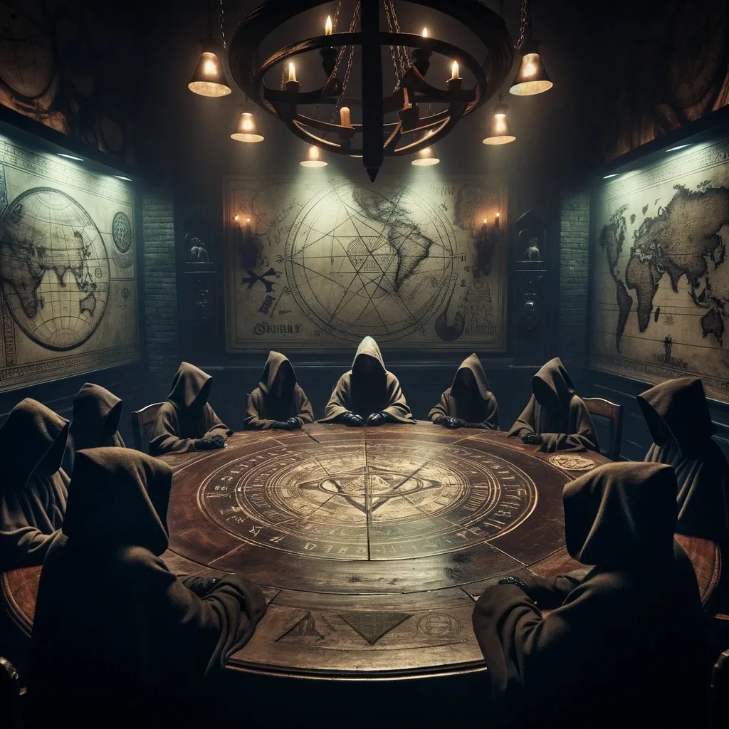 DALL·E 2023 11 19 21.47.21 A dark atmospheric room with a large antique wooden table. Around the table a group of mysterious figures wearing cloaks their faces obscured gat