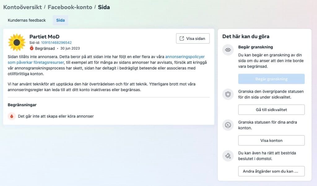 mods facebooksida blockerat for annonsering