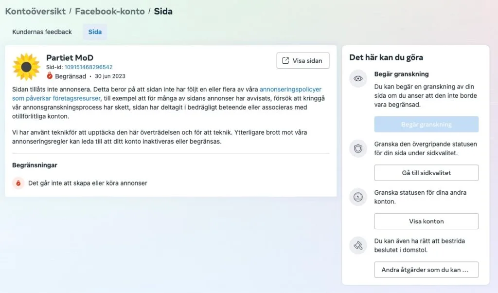Partiet MoDs Facebooksida censureras öppet av Facebook och vi tillåts inte annonsera inför EU-valet 2 mods facebooksida blockerat for annonsering