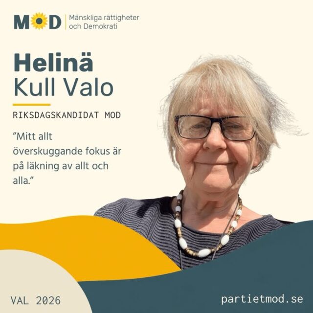 🌻 Möt Helinä Kull Valo, riksdagskandidat för MoD 🌱
Läkning.
Det är ordet som bäst sammanfattar Helinä Kull Valos politiska vision: läkning av människan, jorden, skogen, vattnet och de ekosystem som vi alla är beroende av.
Helinä är 76 år, utbildad socionom och legitimerad lärare. Hon har arbetat som skol- och tonårskurator samt textilslöjdslärare.

Hennes samhällsengagemang började redan under gymnasietiden i slutet av 1960-talet. På 1990-talet var hon politiskt aktiv för Miljöpartiet och representerade partiet i både Solna kommunfullmäktige och Stockholms läns landstingsfullmäktige. Hon har också varit vice ordförande i en omsorgsnämnd.

🌱 2022 valde Helinä att engagera sig i det nybildade MoD.
Pandemiåren och den samhällsutveckling hon såg då blev avgörande för beslutet.

💬 ”Född aktivist och MoD är det enda tänkbara alternativet för mitt engagemang.”

I dag bor Helinä i Roslagen och intresserar sig bland annat för läkande mat, örtkunskap och medicinalväxter.

Hennes stora politiska hjärtefråga är hur vi kan återställa det som under lång tid har skadats.
🌳 Levande skogar och jordar
🐝 Biologisk mångfald
💧 Rent vatten och en friskare livsmiljö
🥕 Giftfri och näringsrik mat
❤️ En hälso- och sjukvård med större fokus på hälsa och läkning

Helinä vill också se ett jord- och skogsbruk som bygger upp jordarnas och ekosystemens livskraft i stället för att utarma dem.

Men hennes vision stannar inte vid naturen.
Hon menar att även våra ekonomiska och politiska system behöver utvecklas så att de i högre grad skapar trygghet, hälsa och goda livsvillkor för människor.

💬 ”Mitt allt överskuggande fokus är på läkning av allt och alla.”

Och mitt i de stora samhällsproblemen finns en stark optimism hos Helinä:
Det går att förändra utvecklingen.

Hon vill se ett starkare MoD med fler medlemmar, fler lokala grupper och mer framtidstro, byggt genom samarbete och gemensamt ansvar.

🗳️  Den 13 september kandiderar Helinä Kull Valo för MoD till både Sveriges riksdag och Region Stockholm.

💛 Hjälp gärna fler att lära känna människorna och idéerna bakom MoD. 
Dela inlägget vidare.

#MoD #Val2026 #HelinäKullValo #Miljö #BiologiskMångfald #Hälsa #GiftfriMat #RegenerativtJordbruk