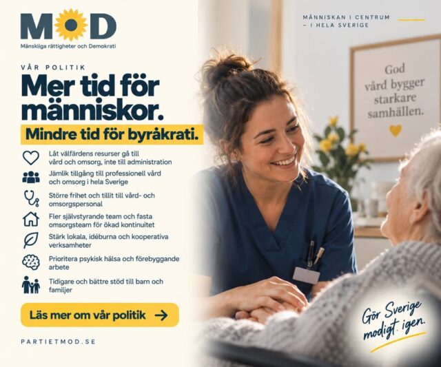 ❤️ Mer tid för människor. Mindre tid för byråkrati.
Vård och omsorg ska finnas där för människan, inte för systemen runt omkring henne.
I dag försvinner för mycket av välfärdens tid och resurser till administration, rapportering och centralisering. MoD vill flytta ansvar, resurser och beslut närmare patienter, brukare och personal. 

MoD vill:
❤️ Låta välfärdens resurser gå till vård, skola och omsorg framför onödig administration
🇸🇪 Garantera jämlik tillgång till professionell vård och omsorg i hela Sverige
👩‍⚕️ Ge vård- och omsorgspersonal större frihet och tillit i sitt arbete
🤝 Införa fler självstyrande team och fasta omsorgsteam för bättre kontinuitet och trygghet
🏡 Främja lokala, idéburna, kooperativa och medarbetarägda verksamheter
💻 Minska dubbelarbete och krångliga digitala system som stjäl tid från patienterna
🧠 Prioritera psykisk hälsa, förebyggande arbete och snabbare tillgång till samtalsstöd
👨‍👩‍👧 Ge barn och familjer tidigare och bättre samordnat stöd så att ingen faller mellan stolarna.

Vård och omsorg handlar ytterst om människor.
Mer kontinuitet. Mer närvaro. Mer tillit till professionerna. Och mer tid för den som faktiskt behöver vården.

Människan ska stå i centrum.

👉 Läs hela MoDs politik om vård och omsorg:
https://partietmod.se/politik/valmanifest-2026/vard-och-#val2026 

📣 Tycker du att fler perspektiv behövs i samhällsdebatten? Dela gärna inlägget så att fler får ta del av vår politik.

🗳️ Har du redan förtidsröstat? Du kan ändra din röst genom att rösta på nytt i din vallokal på valdagen 13 september.

#MoD #Vård #Omsorg #Sjukvård #Äldreomsorg #PsykiskHälsa #Välfärd #Val2026