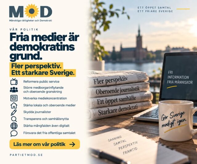 🗣️ Fria medier är demokratins grund.
Demokrati kräver mer än fria val. Den kräver människor som har tillgång till fri information, olika perspektiv och journalistik som vågar granska makten.

När medieägandet koncentreras och informationsflödet blir mer likriktat riskerar både samhällsdebatten och demokratin att försvagas.

MoD vill:
📺 Reformera public service för större opartiskhet, kvalitet och verklig mångfald av perspektiv
👥 Ge medborgarna större inflytande över public service och inrätta oberoende granskning med medborgarrepresentation
📰 Motverka mediekoncentration, karteller och dominerande ägarstrukturer
🏡 Stärka oberoende, lokala och ideella medier
✍️ Skydda journalister från politiska och kommersiella påtryckningar
🔍 Ställa tydliga krav på transparens och samhällsnytta när medier finansieras med offentliga pengar
🌐 Motverka informationsmonopol och stärka mångfalden även digitalt
🗣️ Skydda det fria offentliga samtalet i en tid av informationspåverkan och AI-genererad desinformation. 

Vi behöver inte färre perspektiv. Vi behöver fler.

Människor ska själva kunna ta del av olika källor, väga argument mot varandra och bilda sig en egen uppfattning.

Fri information. Fria medier. Fria människor.

👉 Läs hela MoDs politik om medier och yttrandefrihet:
https://partietmod.se/politik/valmanifest-2026/medier-och-yttrandefrihet/

📣 Hjälp oss nå fler före valet. Dela gärna inlägget med någon som också värnar fria medier, yttrandefrihet och ett öppet samhällssamtal.

🗳️ Har du redan förtidsröstat? Du kan ändra din röst genom att rösta på nytt i din vallokal på valdagen 13 september.

#MoD #Yttrandefrihet #FriaMedier #PublicService #Journalistik #Demokrati #Mediefrihet #Val2026