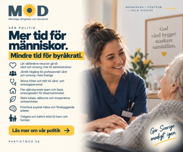 ❤️ Mer tid för människor. Mindre tid för byråkrati.

Vård och omsorg ska finnas där för människan, inte för systemen runt omkring henne.
I dag försvinner för mycket av välfärdens tid och resurser till administration, rapportering och centralisering. MoD vill flytta ansvar, resurser och beslut närmare patienter, brukare och personal. 

MoD vill:
❤️ Låta välfärdens resurser gå till vård, skola och omsorg framför onödig administration
🇸🇪 Garantera jämlik tillgång till professionell vård och omsorg i hela Sverige
👩‍⚕️ Ge vård- och omsorgspersonal större frihet och tillit i sitt arbete
🤝 Införa fler självstyrande team och fasta omsorgsteam för bättre kontinuitet och trygghet
🏡 Främja lokala, idéburna, kooperativa och medarbetarägda verksamheter
💻 Minska dubbelarbete och krångliga digitala system som stjäl tid från patienterna
🧠 Prioritera psykisk hälsa, förebyggande arbete och snabbare tillgång till samtalsstöd
👨‍👩‍👧 Ge barn och familjer tidigare och bättre samordnat stöd så att ingen faller mellan stolarna.

Vård och omsorg handlar ytterst om människor.
Mer kontinuitet. Mer närvaro. Mer tillit till professionerna. Och mer tid för den som faktiskt behöver vården.

Människan ska stå i centrum.

👉 Läs mer om MoDs politik för vård och omsorg via länken till vårt valmanifest i bio.

🗳️ Har du redan förtidsröstat? Du kan ändra din röst genom att rösta på nytt i din vallokal på valdagen 13 september.

#MoD #Vård #Omsorg #Sjukvård #Äldreomsorg #PsykiskHälsa #Välfärd #Val2026